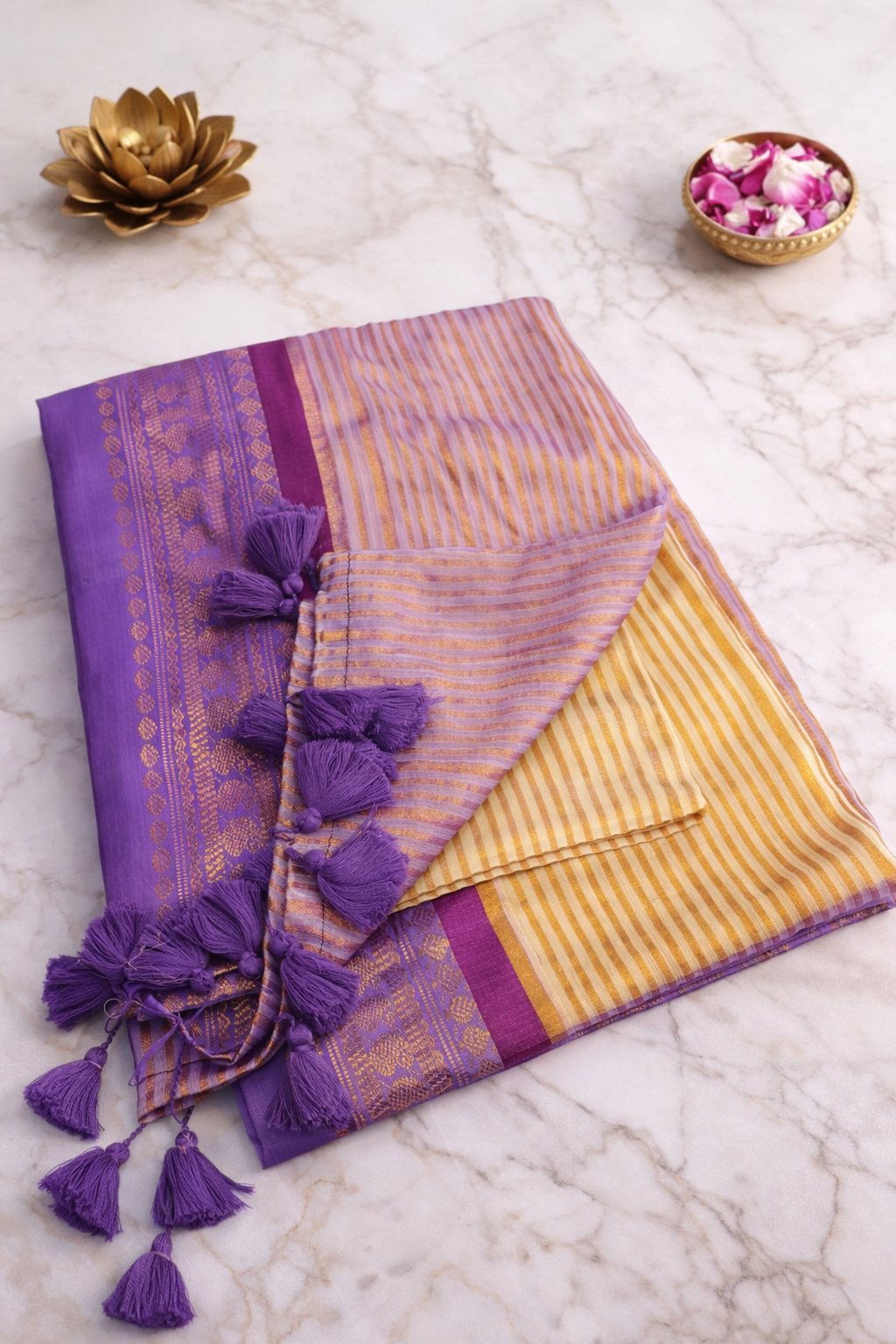 Lavender Gold Striped Mul Cotton Saree