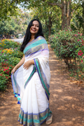 Ivory Mul Cotton Saree with Blue-Green Border 💙💚