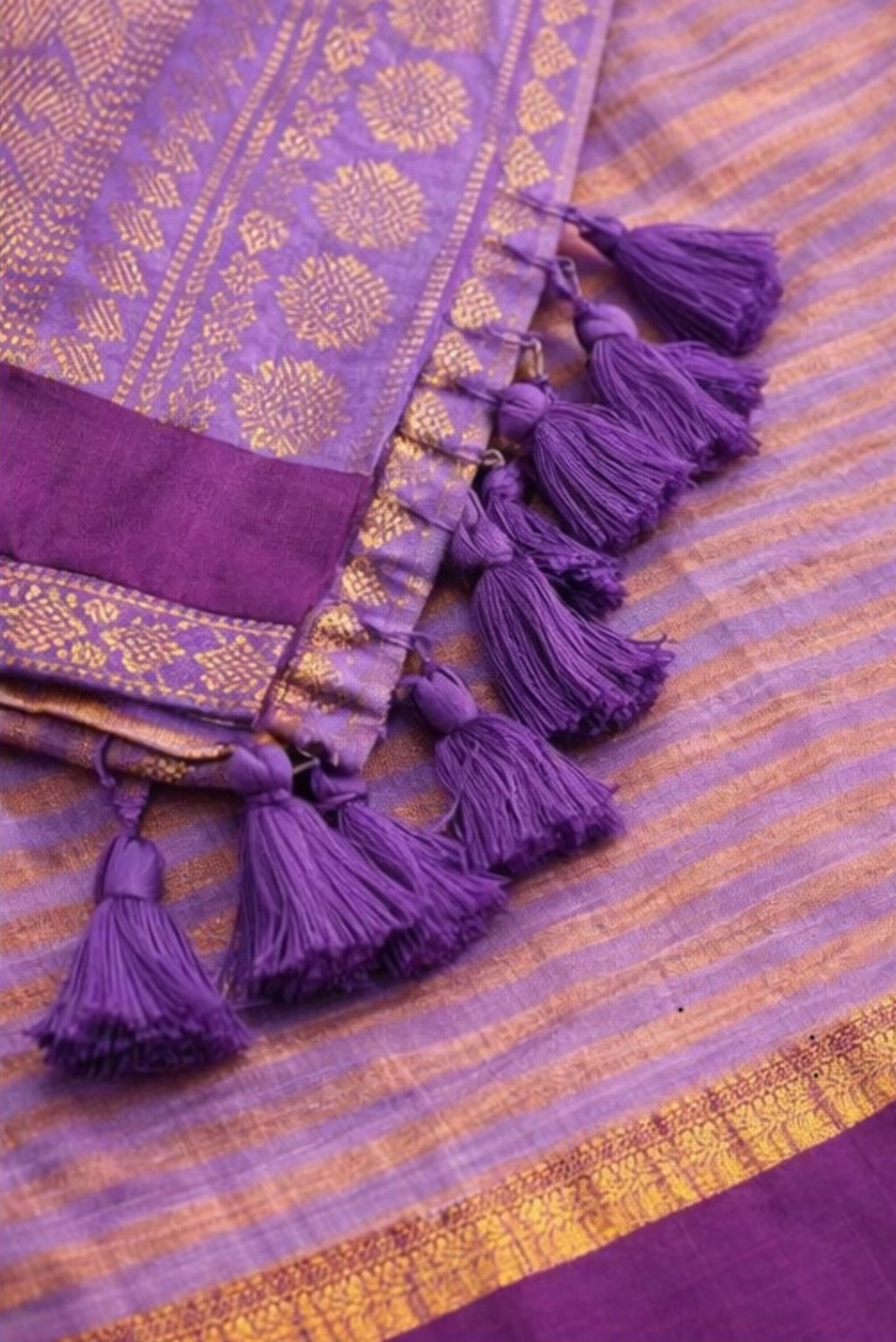 Lavender Gold Striped Mul Cotton Saree