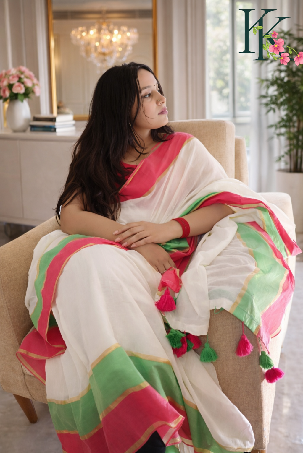 Ivory Glow pink and green Mul Cotton Saree
