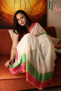 Ivory Glow pink and green Mul Cotton Saree